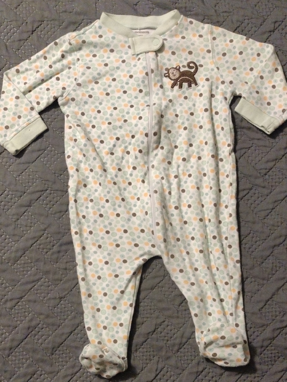 Mint and Cream Polka-Dot Footed One-Piece with Monkey Embroidery - Unknown Brand